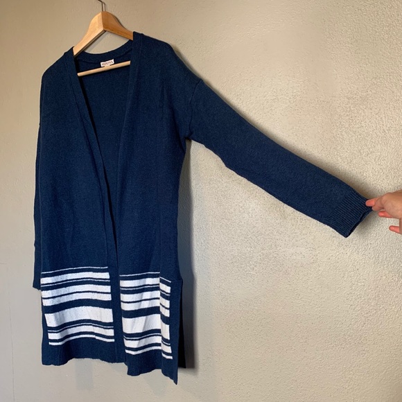 Merona Blue & White Striped Open Cardigan Knee Length Sweater Long Sleeves L - Picture 2 of 7